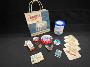 lot 125 image: Hamms Beer collectible items Pins, matches, key chain