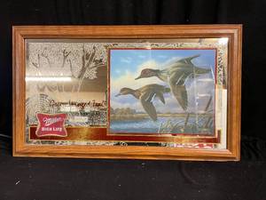 lot 201 image: Miller High Life Green Winged Teal mirror. NOS, artist Terry Doughty