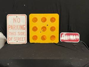 lot 281 image: Lot of 3 road signs No Parking This Side of Street, All Way, reflective dots
