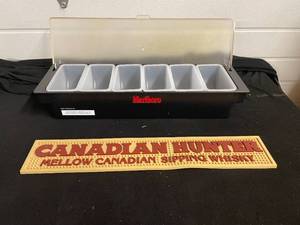 lot 332 image: Marlboro condiment caddy (NOS) and Canadian Hunter Whisky bar mat