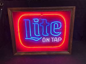 lot 131 image: Miller Lite beer sign in custom wood box with diffuser screen