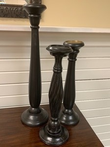 Three Decorative Wood Pillar Candle Holders