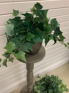 Painted Gray Pedestal Plant Stand and Two Faux Plants