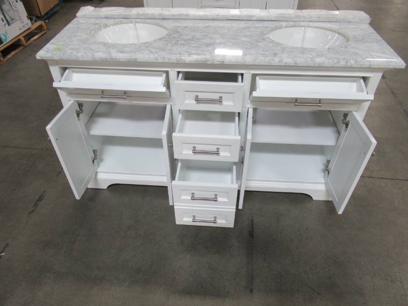 lot 100 image: Home Decorators Collection Windlowe 61 in. W x 22 in. D x 35 in. H Bath Vanity in White with Carrera Marble Vanity Top in White with White Basin, 15101-VS61C - Scratch and Dent.