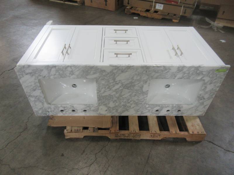 lot 416 image: Studio Bathe Dawlish 60 in. Vanity in White with Solid Surface Marble Vanity Top in White