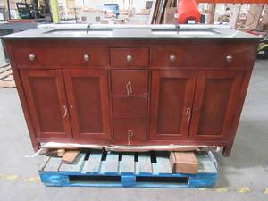 lot 114 image: Pegasus Austen 60 in. Vanity in Dark Cherry with Granite Vanity Top in Black, PEAUSTEN60 - Cracked Top, Scratch and Dent.