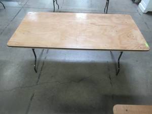 lot 91 image: Table With Folding Legs, Approximate Dimensions 72 x 35 12 x 30 12 Tall. - Top is Scratched.