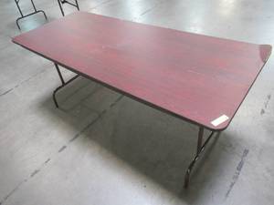 lot 97 image: Table With Folding Legs, Approximate Dimensions 48 Dia. x 30 12 Tall. - Top is Scratched has Corner Damage.
