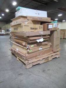 lot 323 image: WHOLESALE MIXED PALLET OF MISCELLANEOUS KITCHEN CABINET PARTS, RANGE HOODS AND TRIM KITS