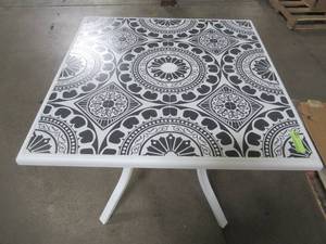 lot 209 image: Stylewell Marivaux Black and White Steel Outdoor Patio Dining Height Tile Top Table - Top Has Cracked Tiles.