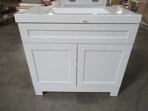 lot 215 image: Glacier Bay Everdean 36.50 in. W x 18.75 in. D Bath Vanity in White with Cultured Marble Vanity Top in White with White Basin, EV36P2-WH - Front of Top Chipped - Missing Pulls.