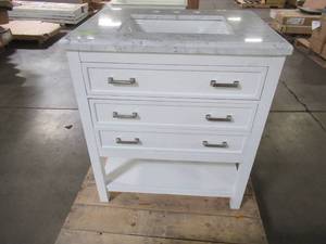 lot 216 image: Home Decorators Collection Everett 31 in. W x 22 in. D Vanity Cabinet in White with Carrara Marble Vanity Top in White with White Basin, EEWVT3122D - Cracked Top.