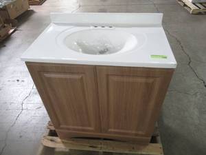 lot 218 image: Glacier Bay 30 in. Vanity in Golden Pecan with AB Engineered Composite Vanity Top in White, GB30P2-WA - CRACKED SIDES LOOSE DOORS.