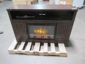 lot 229 image: Muskola Aberfoyle 48 in. Freestanding Electric Fireplace TV Stand in Rustic Brown, 234-05-200-Kit - Some MoldingTrim Damage.