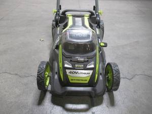 lot 24 image: Ryobi 20 in. 40-Volt 6.0 Ah Lithium-Ion Battery Brushless Cordless Walk Behind Self-Propelled Lawn Mower RY401120-Y