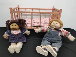 Two Cabbage Patch Dolls with Vintage Doll Crib