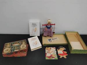 Vintage Toy Tea Set, Dovina Doll, & Precious Moments Baby Bible