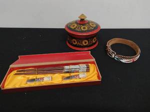 Wood Dish, Buttons, and Chopstick Set