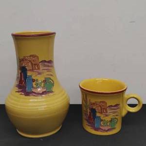 lot 4 image: Fiesta vase, plate, and mug