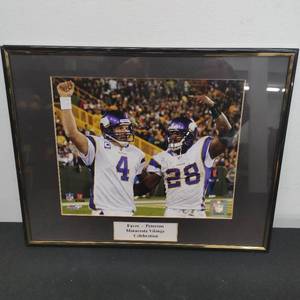 lot 48 image: MN Vikings Favre and Peterson framed photograph