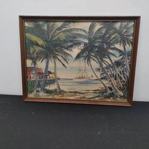 lot 49 image: Sailboat and Palm Trees Framed Artwork