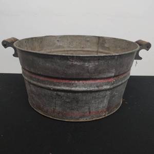 lot 92 image: Galvanized Tub  with Red Stripe and Wood Handles