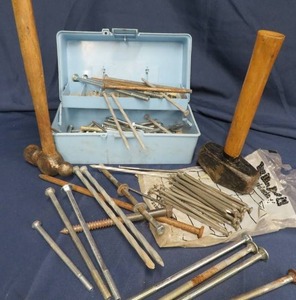 lot 65 image: LONG NAILS, SCREWS, SPIKES, WITH HAMMERS