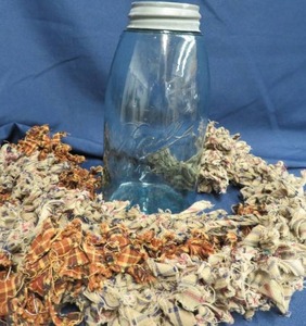 lot 76 image: BLUE BALL MASON JAR WITH ATLAS METAL LID.UNIQUE SHAPE