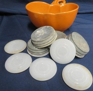 lot 77 image: VINTAGE ZINK BALL COVERS, MILKGLASS SAMCO LIDS
