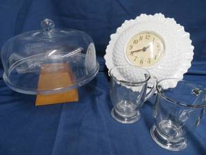 lot 83 image: RETRO WOOD FOOTED GLASS CAKE STAND AND COVER. PLUS MORE
