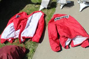 lot 620 image: Lot of (3) Jackets Red with logo Fire Dept. Size Medium, Large, X-Large