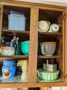 lot 28 image: Contents of Kitchen Cupboard Tins, Canisters, Cheese Grater, etc.