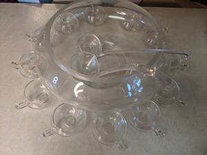 lot 32 image: Heavy Glass Punch Bowl with Ladle and (12) Glasses