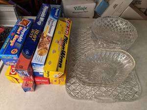 lot 35 image: Reynolds & Cling Wrap, Parchment Paper, Plastic Serving Tray and Bowls