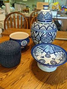 lot 49 image: Blue and White Ceramic Dishes, Blue Wicker Basket with Lid