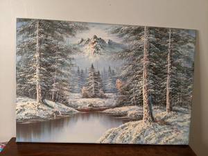lot 61 image: Hand Painted Winter Nature Scene on Canvas 34x24