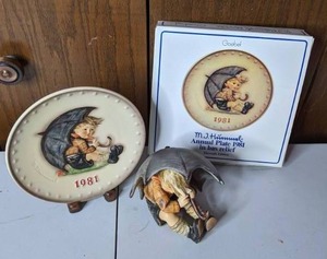 lot 225 image: Vintage Hummel 1981 Umbrella Boy Plate with Matching Figurine