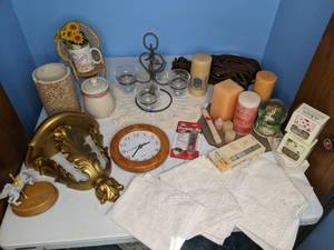 lot 366 image: Decor Candles, Lace Pillowcases, Clock, Shelf, etc.