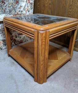 lot 373 image: Wood End Table with Bottom Shelf and Glass Top