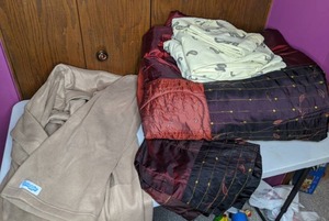 lot 338 image: Queen Size Comforter w Sham, Snuggie, King Size Sheet Set