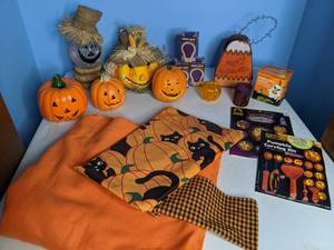 lot 379 image: Halloween Decor Lights & Colored Bulbs, Tablecloths, Candles, Carving Kit, etc.