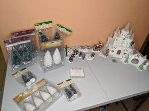 lot 125 image: Ceramic Winter Castle, Quartet, and Evergreen Trees