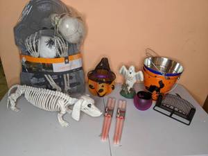 lot 127 image: Lot of Halloween Decor Cemetery Kit, Candles, Pails, etc