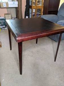 lot 130 image: Brown Wood Folding Table with Faux Leather Inset Top