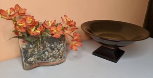 lot 104 image: Pedestal Bowl and Irregular Glass Vase with Rocks and Faux Flowers