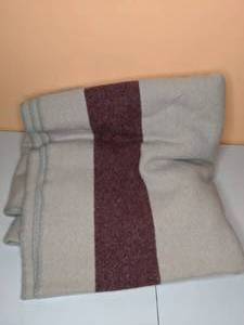 lot 106 image: Large Faribault Wool Blanket Gray with Dark Red Stripe