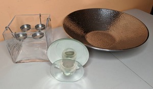 lot 107 image: (2) Candleholders and Hammered Bowl