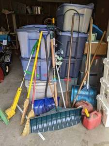 lot 444 image: Shepherds Hook, Gas Cans, Weed Whacker, Brooms, Rake, Shovels, etc.