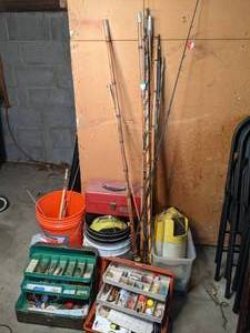 lot 423 image: Lot of Fishing Tackle, Poles, Minnow Buckets, etc.