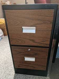 lot 87 image: 2 Drawer Black Metal and Faux Wood Filing Cabinet 23x15x24